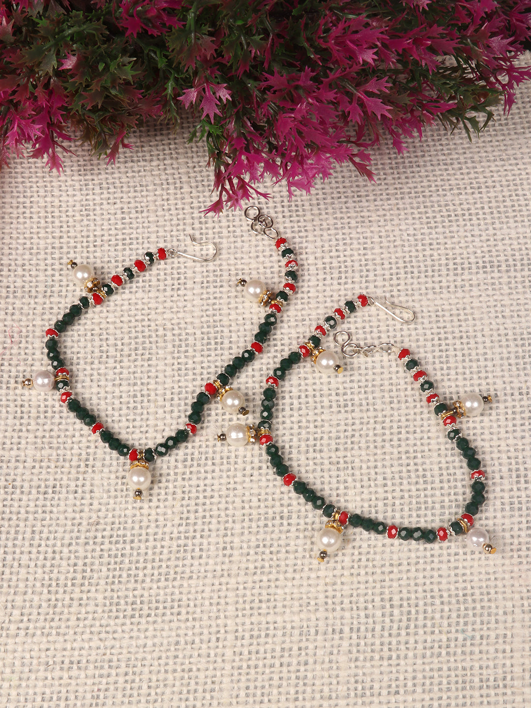 Green and Maroon Alloy Beaded Anklets