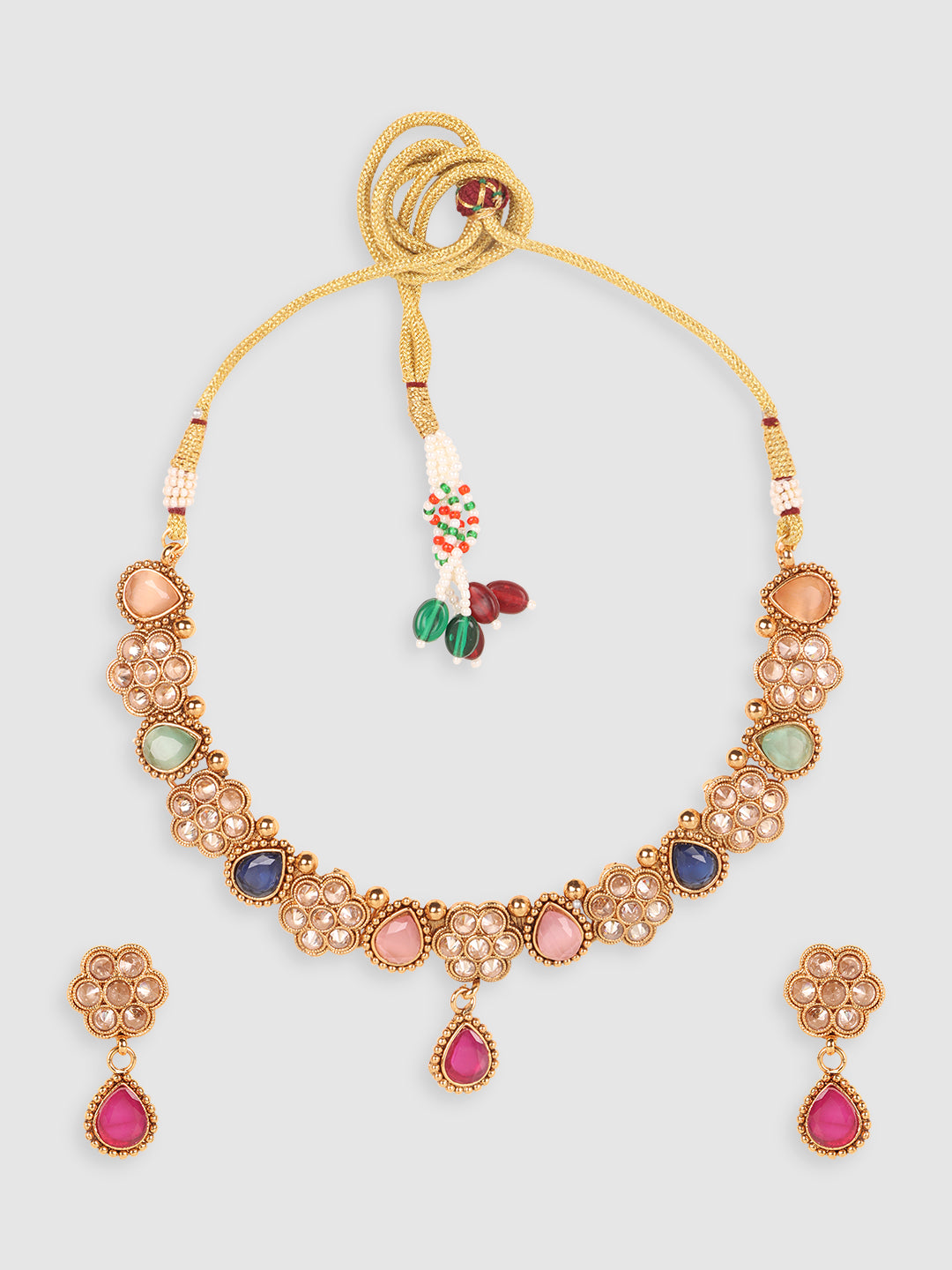 Gold-Plated Pink & Blue AD Studded & Beaded Jewellery Set