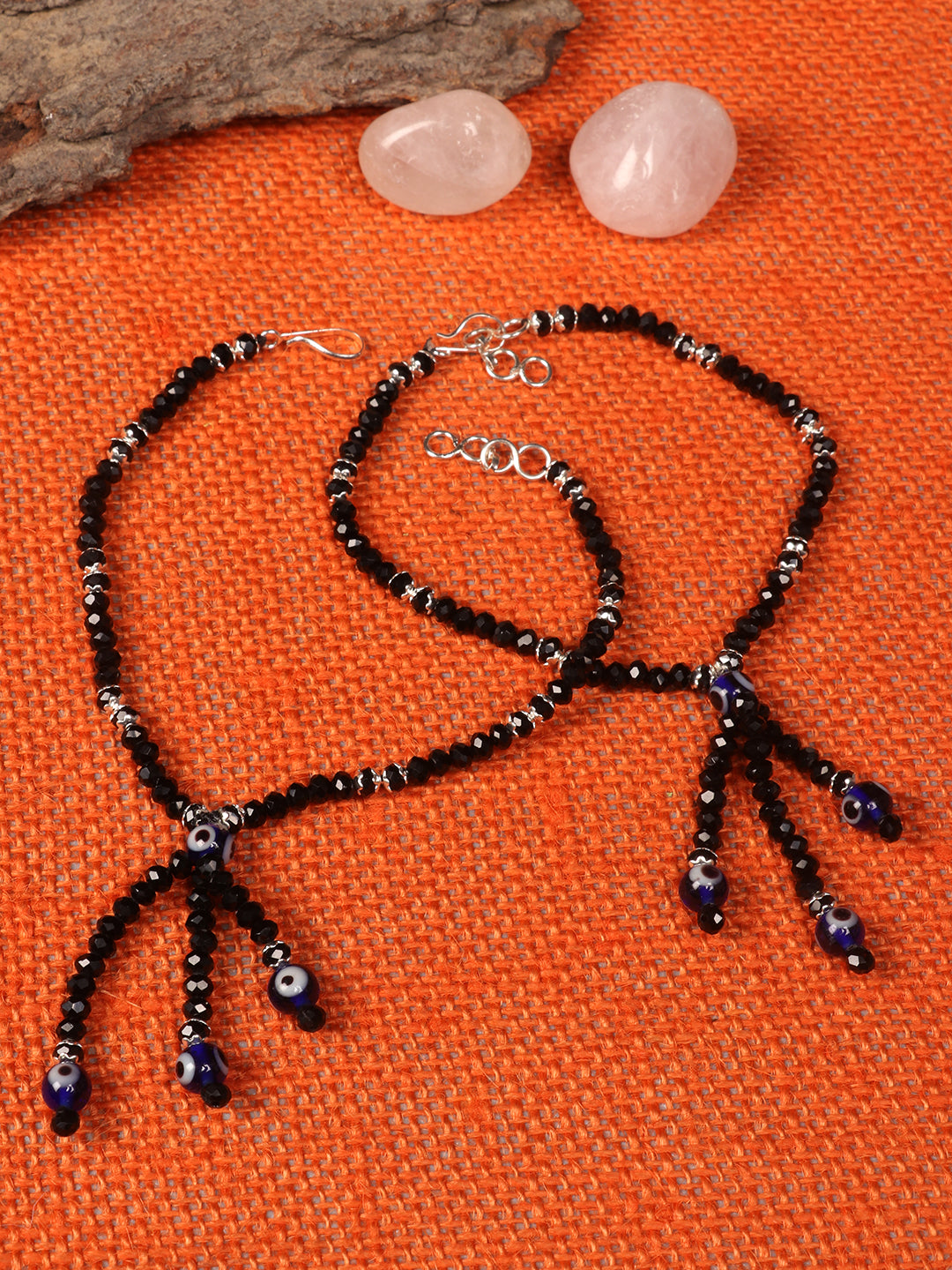 Set Of 2 Silver-Plated Black & Blue Beaded Handcrafted Anklets