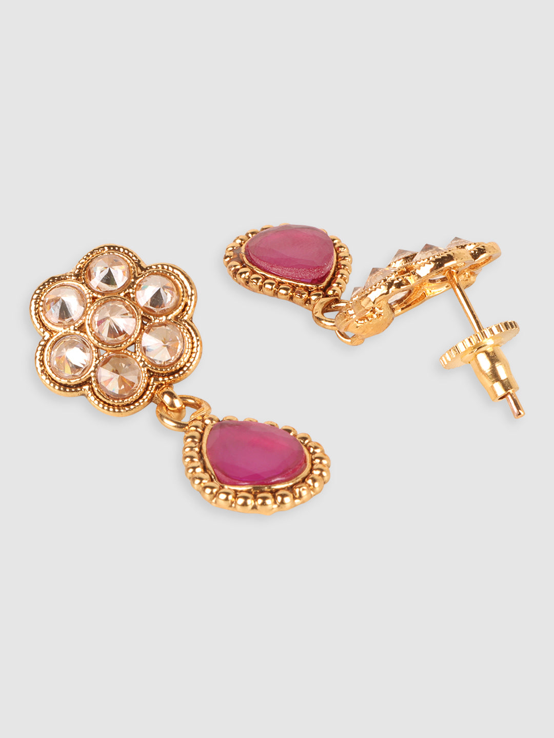 Gold-Plated Pink & Blue AD Studded & Beaded Jewellery Set