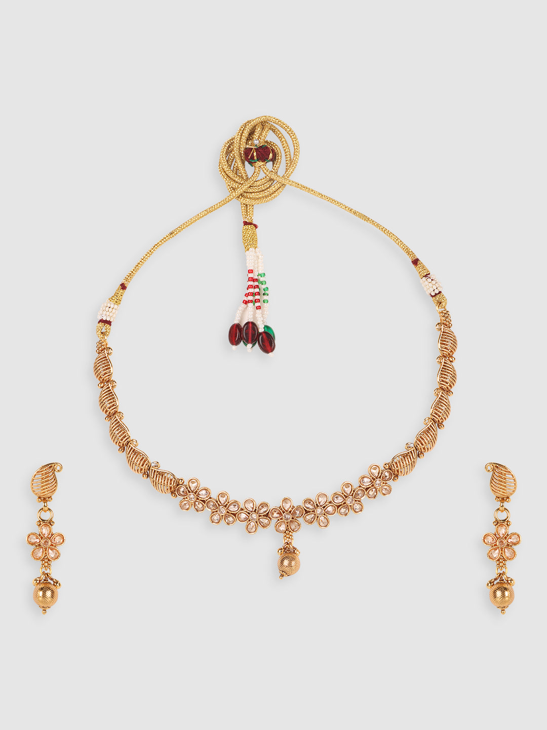 Gold-Plated White AD Stone-Studded & Beaded Jewellery Set