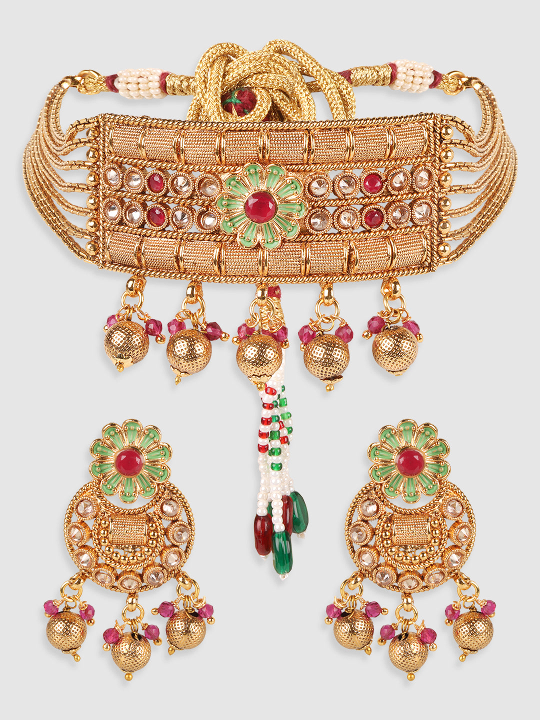 Gold-Plated Multi-Coloured AD-Studded & Beaded Jewellery Set