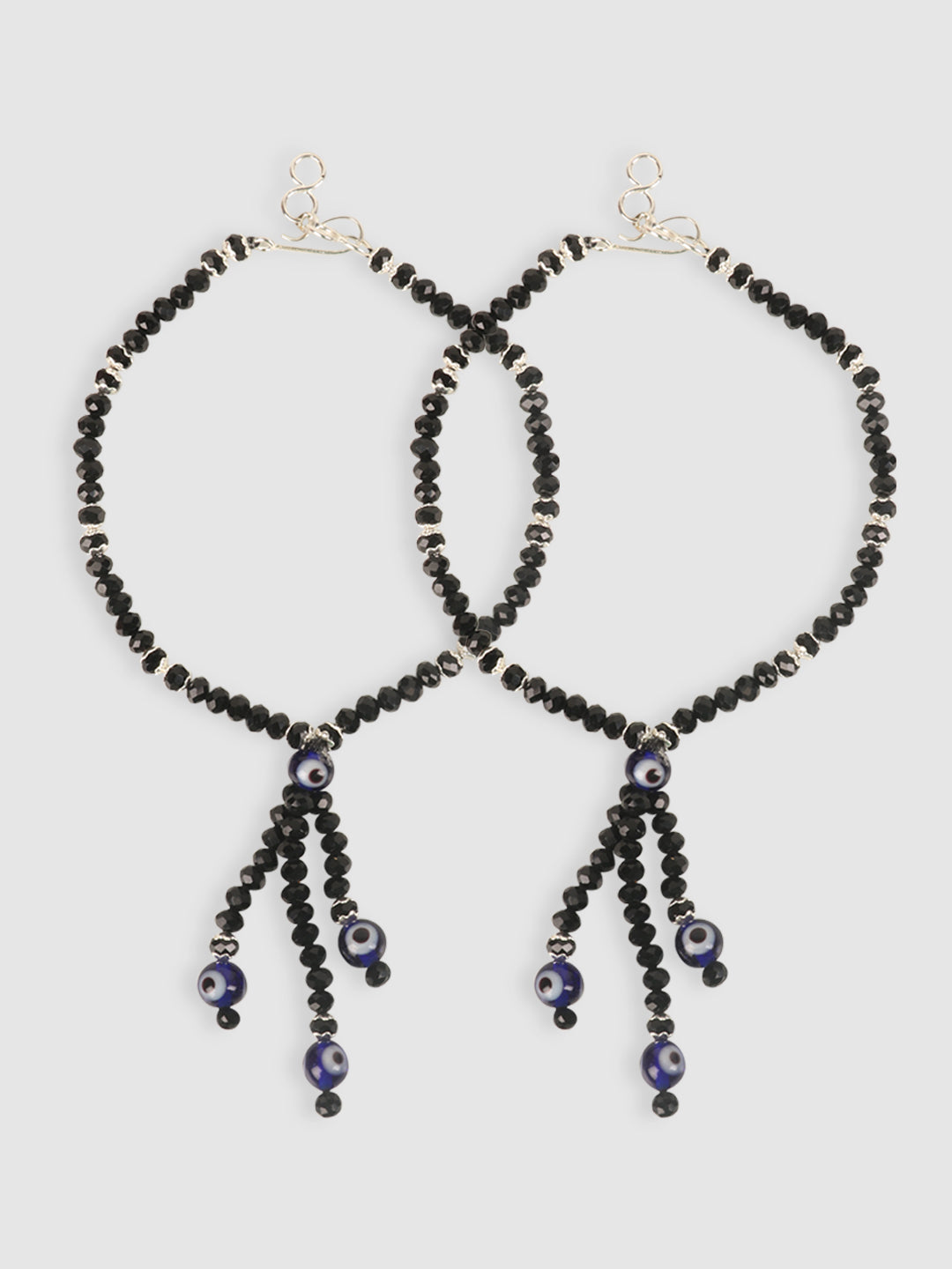 Set Of 2 Silver-Plated Black & Blue Beaded Handcrafted Anklets