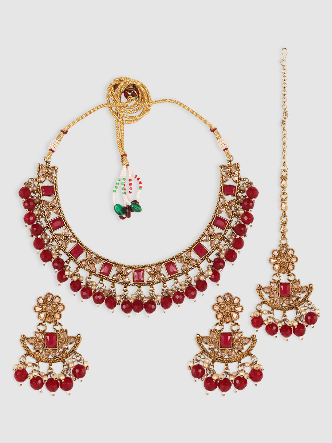 Gold-Plated Maroon & White Stone-Studded & Beaded Jewellery Set