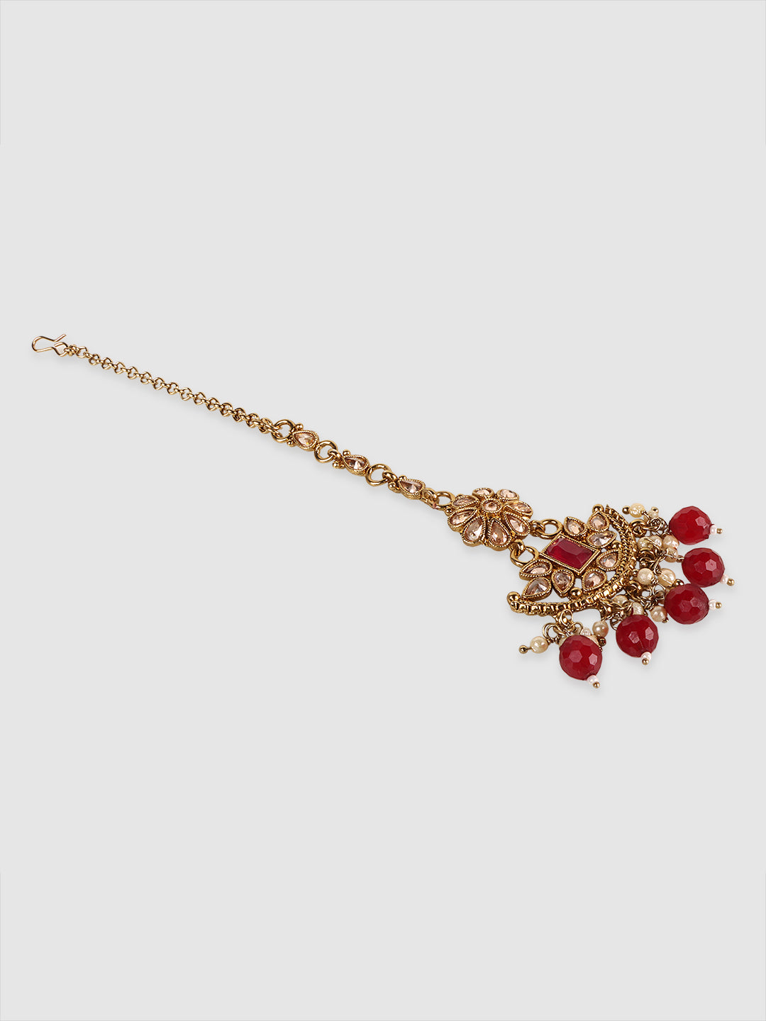 Gold-Plated Maroon & White Stone-Studded & Beaded Jewellery Set