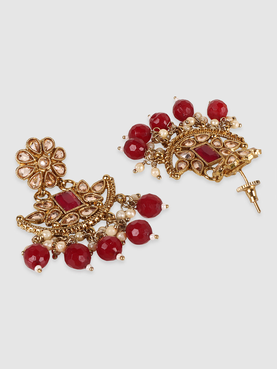 Gold-Plated Maroon & White Stone-Studded & Beaded Jewellery Set