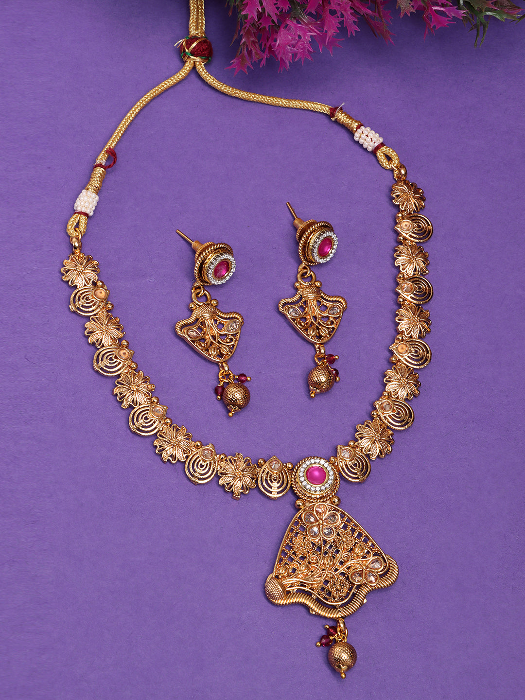 Gold-Plated & Magenta Stone Studded Jewellery Set