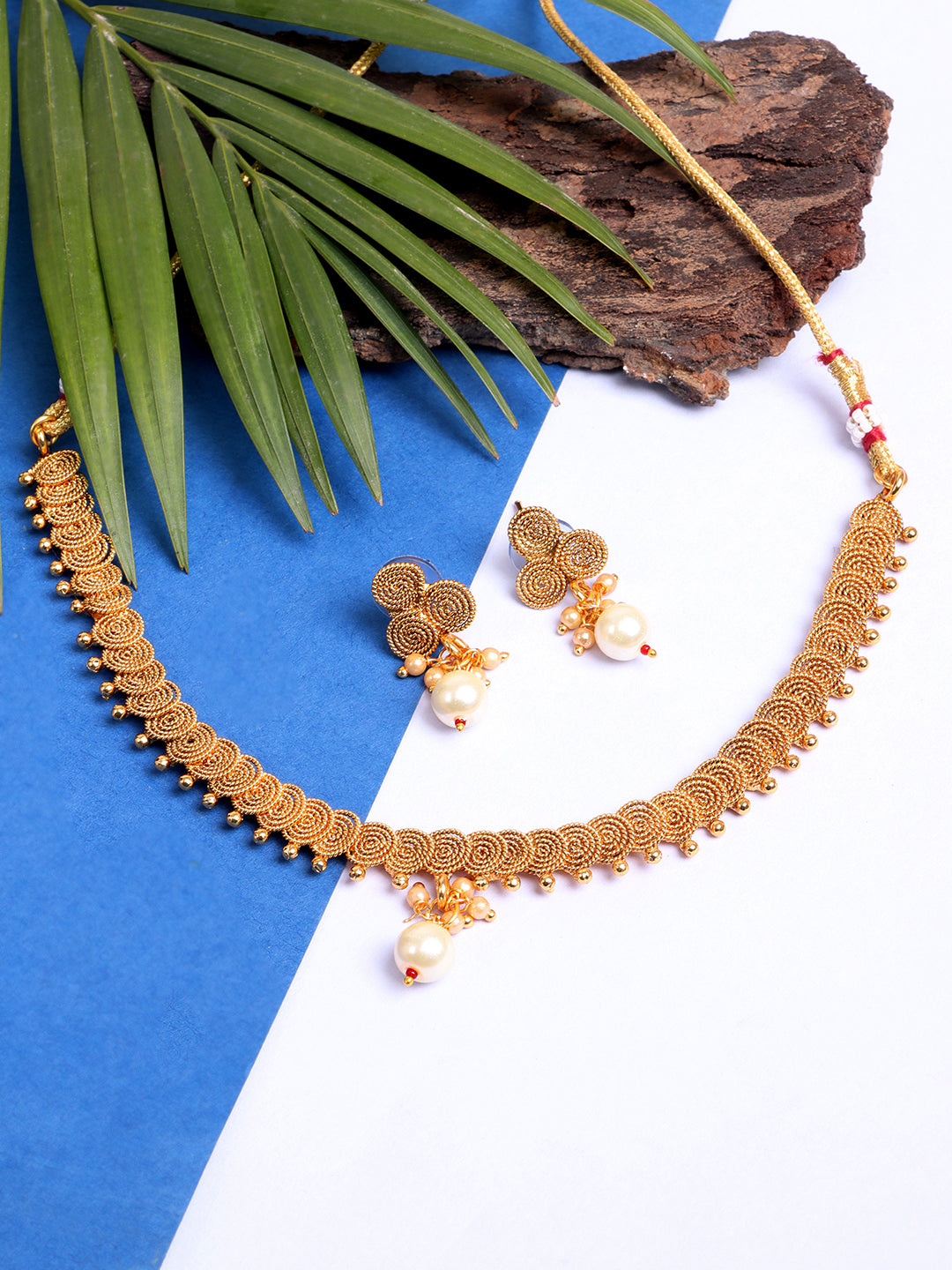 Gold-Plated Gold Pearl Beaded Jewellery Set