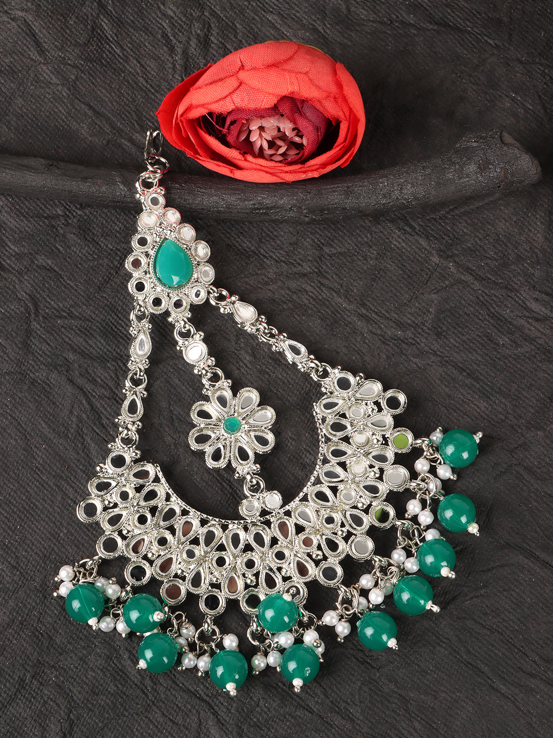 Silver-Plated Green Kundan Studded Jhumar Passa