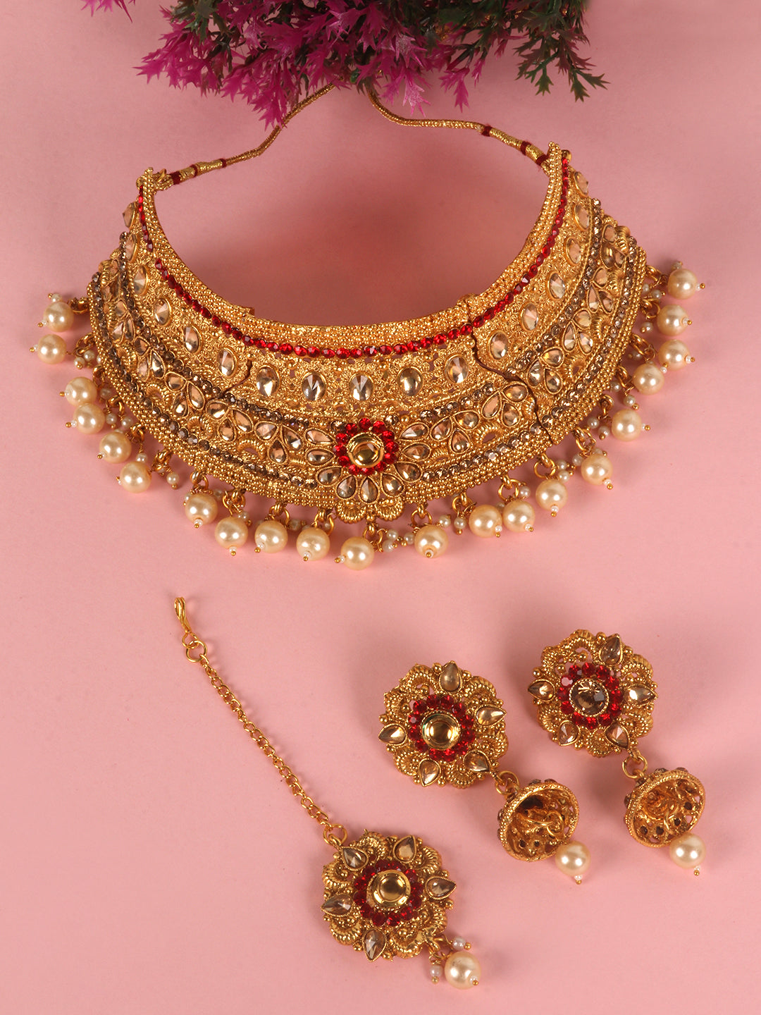Red & Gold Toned Gold Plated Bridal Kundan Studded Choker Set