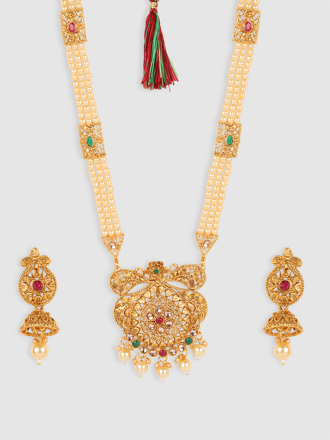Gold-Plated Off White Pearl String AD-Studded Jewellery Set