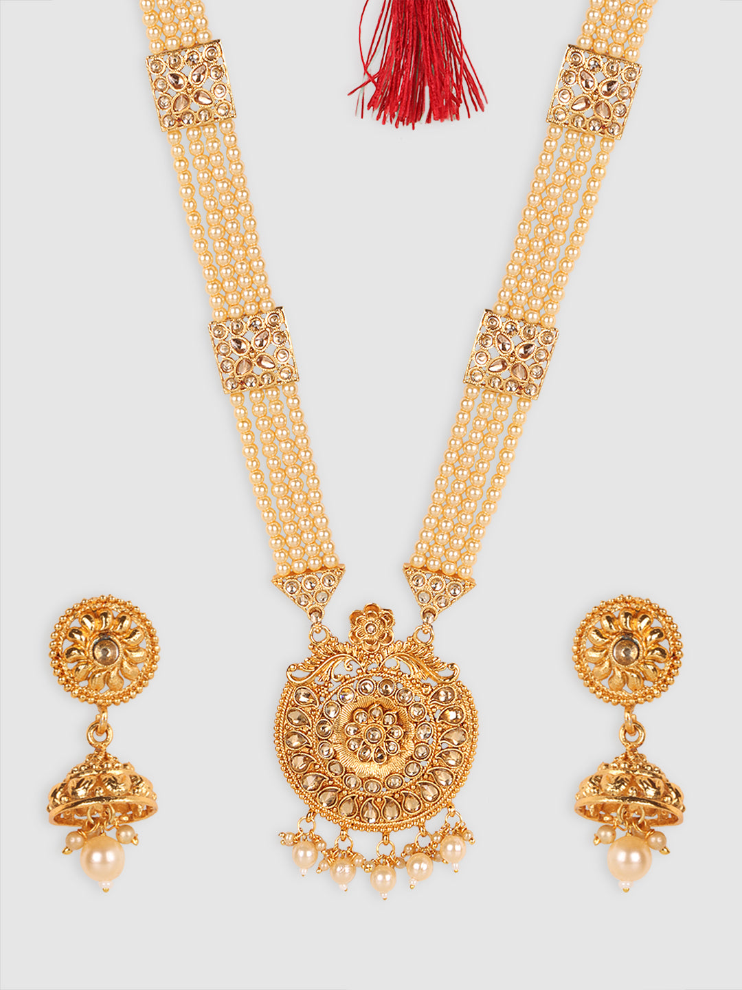 Gold-Plated Stone-Studded & Beaded Jewellery Set
