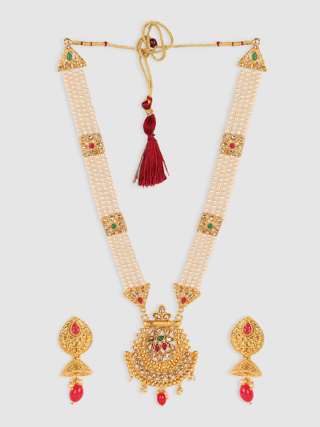 Gold Plated Off White Pearl String AD Studded Jewellery Set