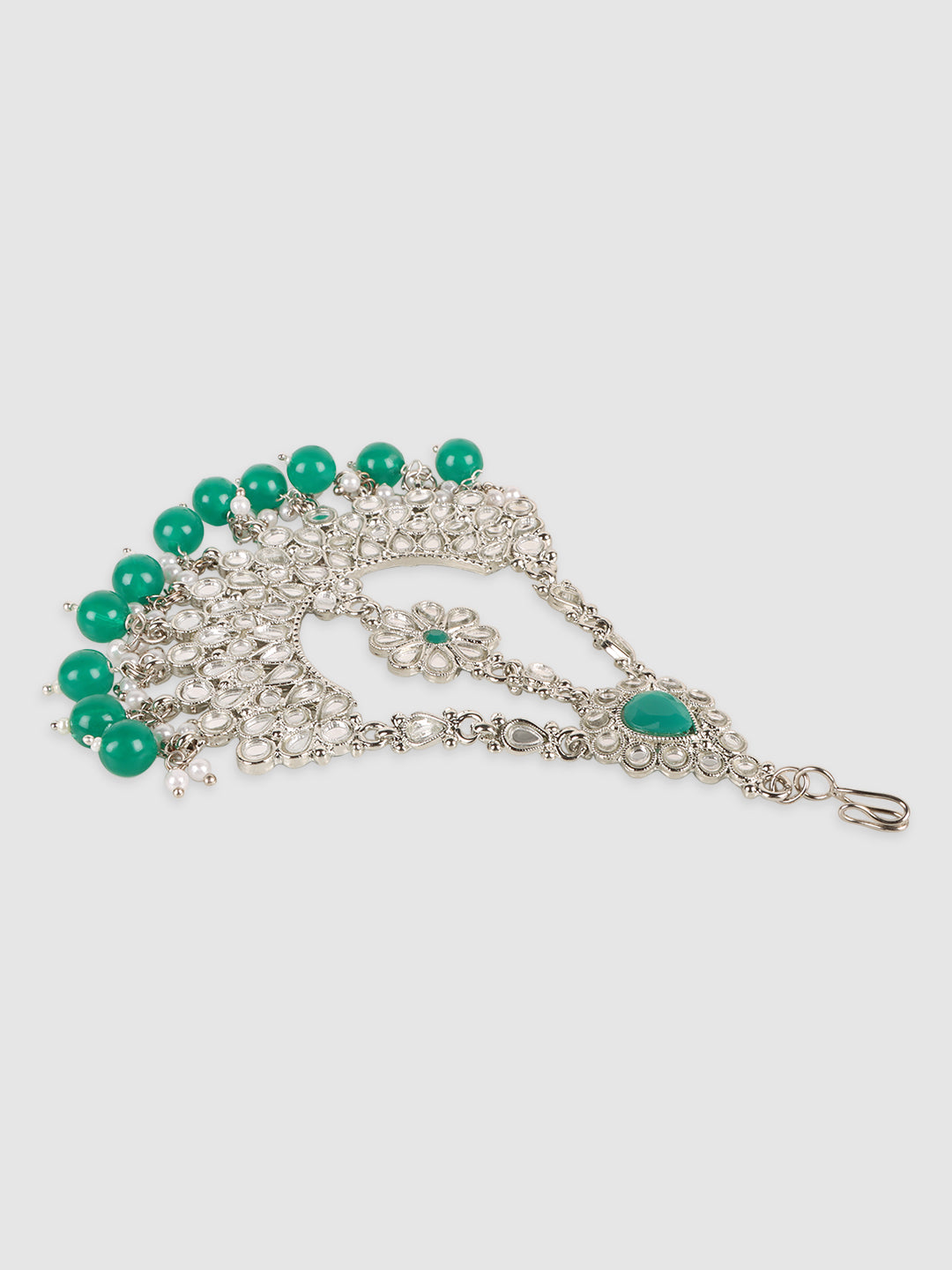 Silver-Plated Green Kundan Studded Jhumar Passa
