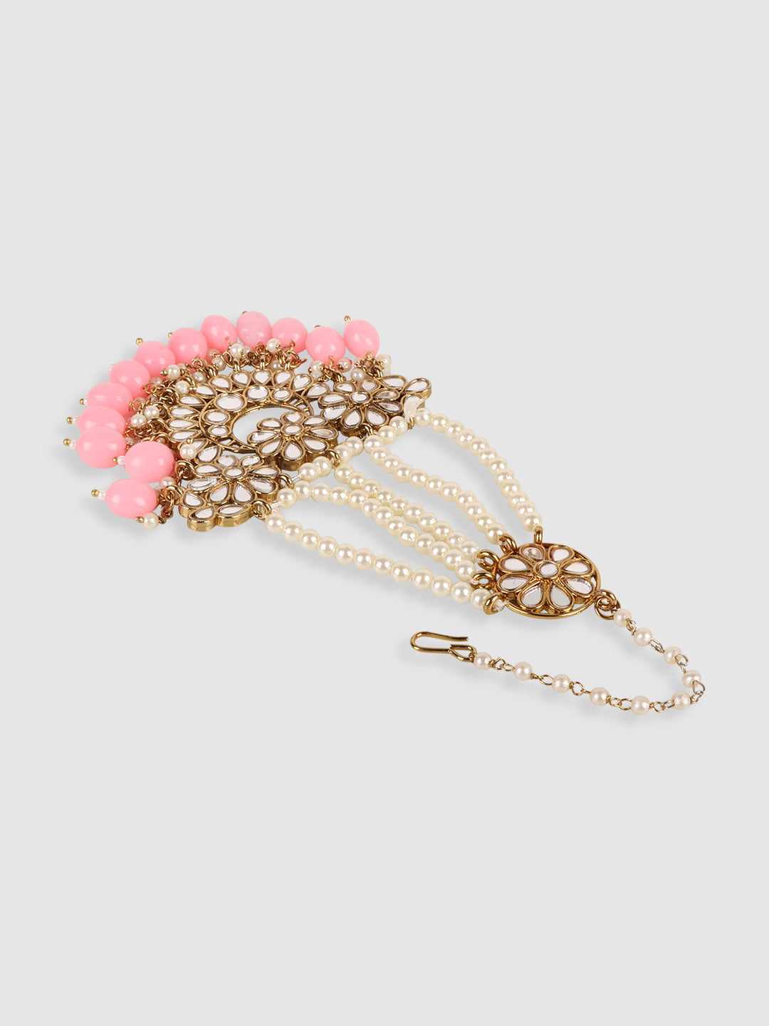 Gold-Plated White & Pink Kundan-Studded & Beaded Handcrafted Jhumar Passa