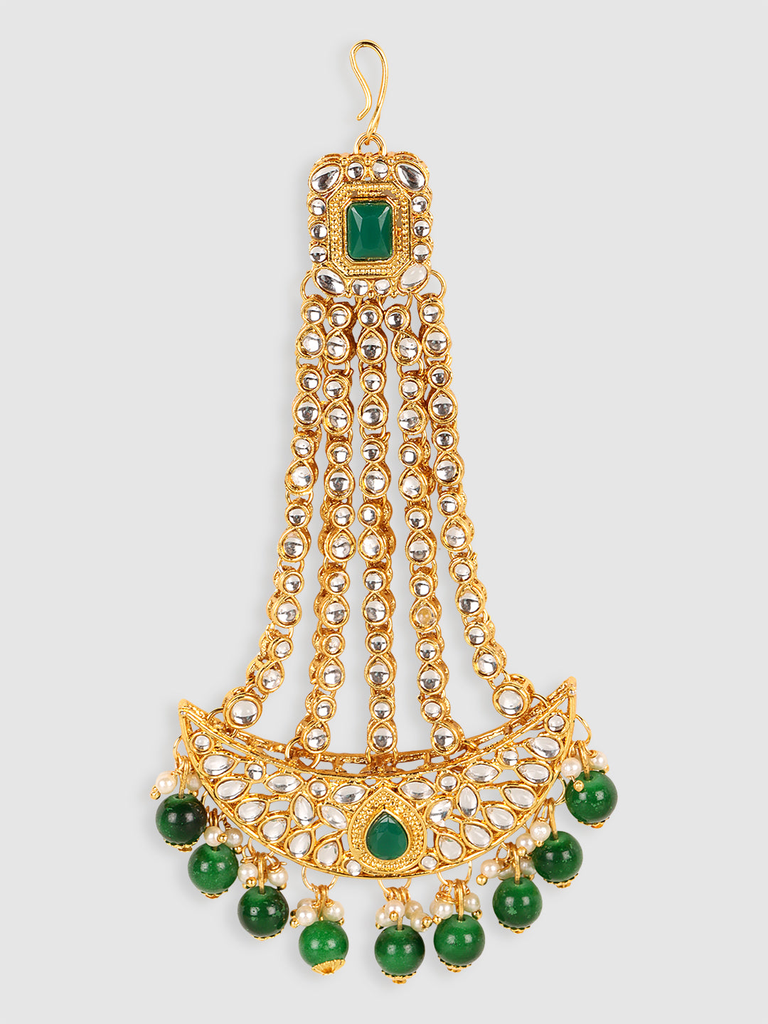 Gold Plated Green & Beige Kundan-Studded & Beaded Jhumar