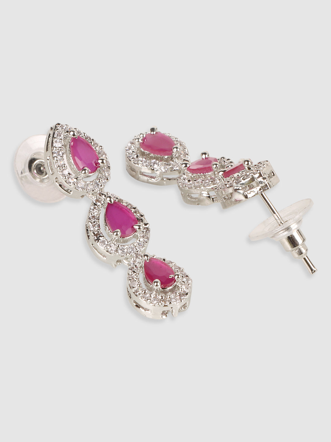 Women Silver & Magenta AD Stone-Studded Rhodium-Plated Jewellery Set