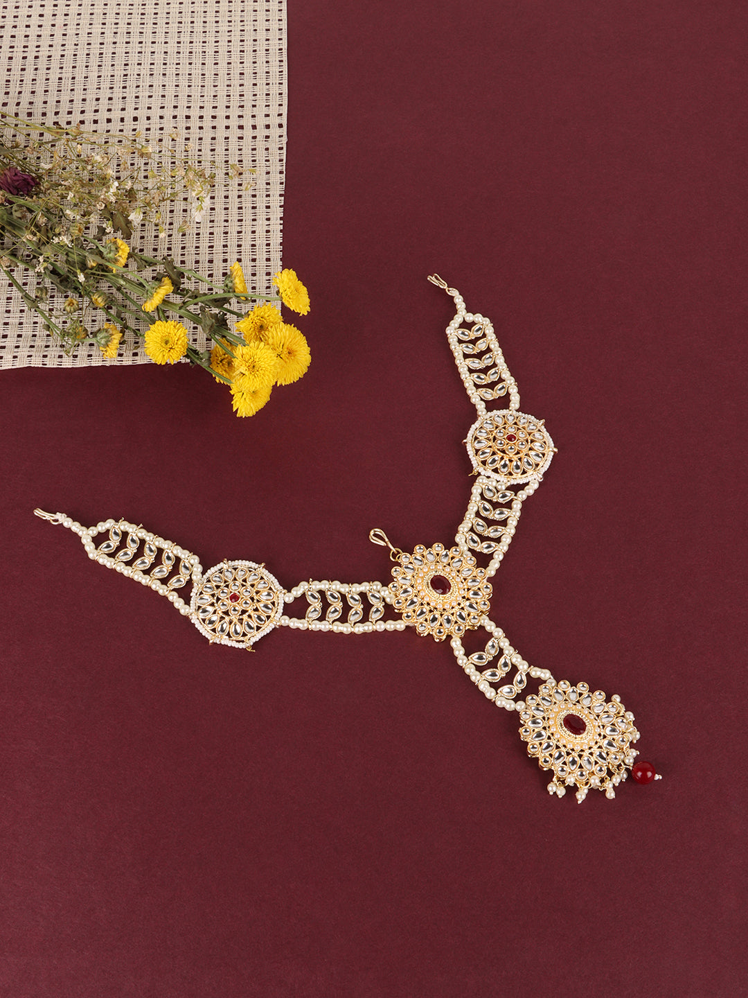 Gold-Plated Maroon & White Kundan-Studded Matha Patti