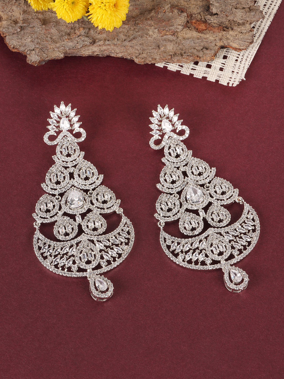 White & Silver-Plated Teardrop Shaped Drop Earrings