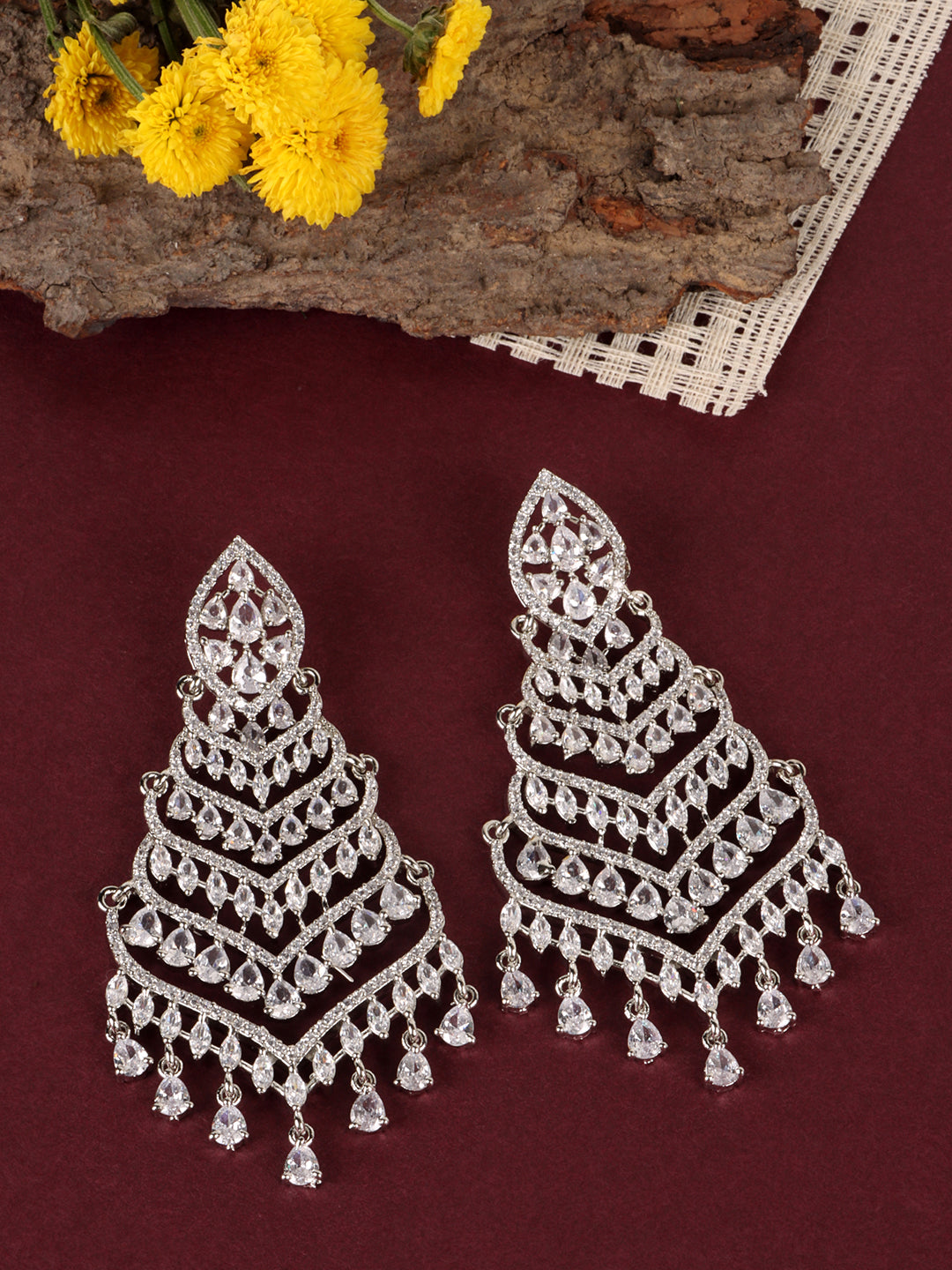 White & Silver-Plated Contemporary Drop Earrings