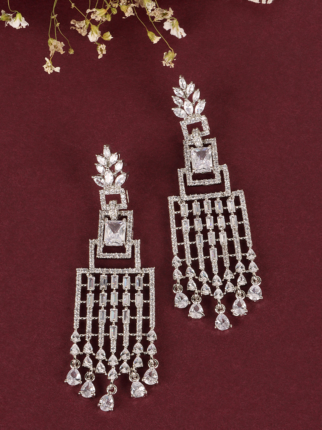 White AD studded Silver Plated Designer Square Drop Earring