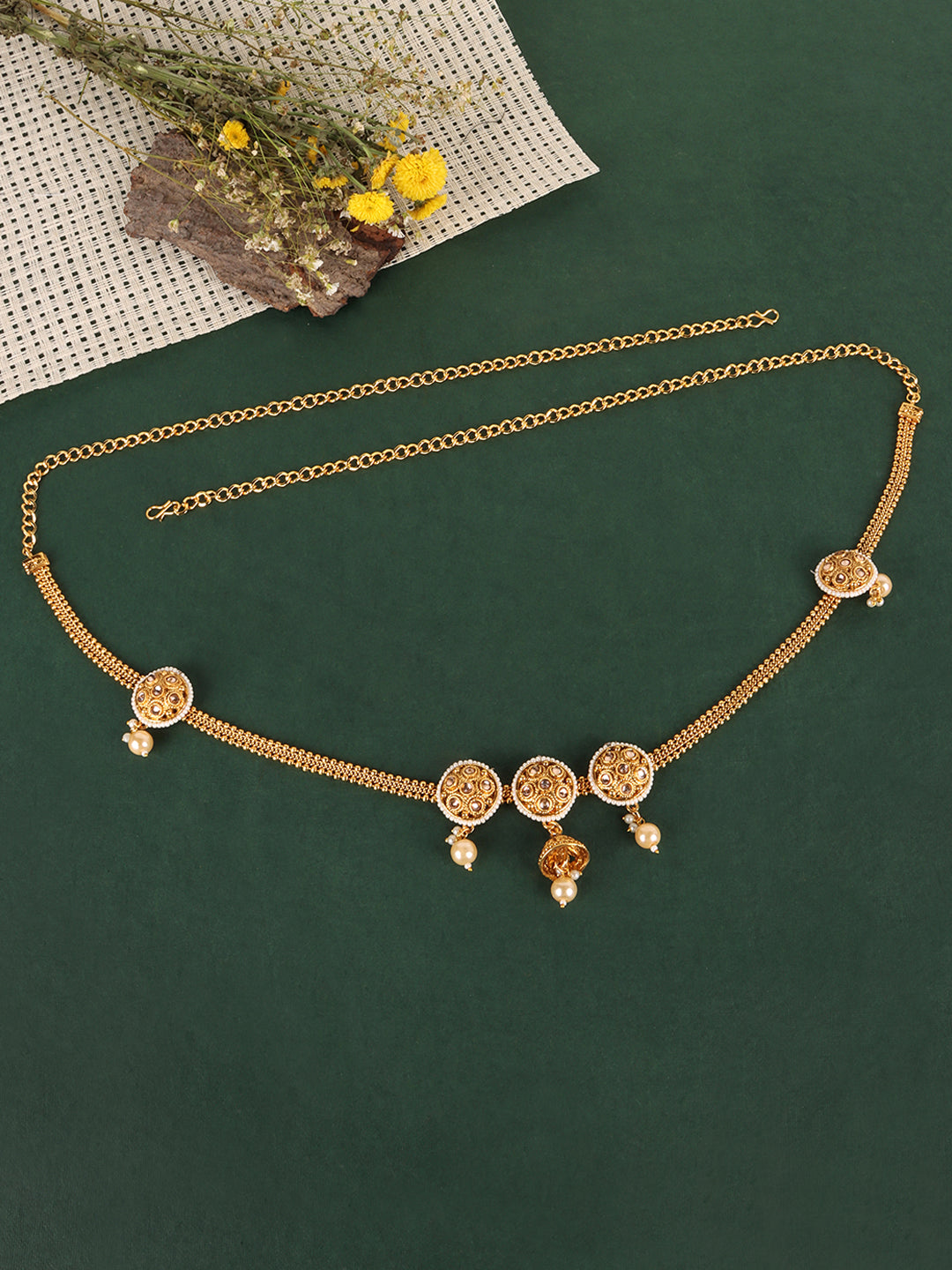 Gold-Plated White CZ-Studded & Beaded Waist Chain
