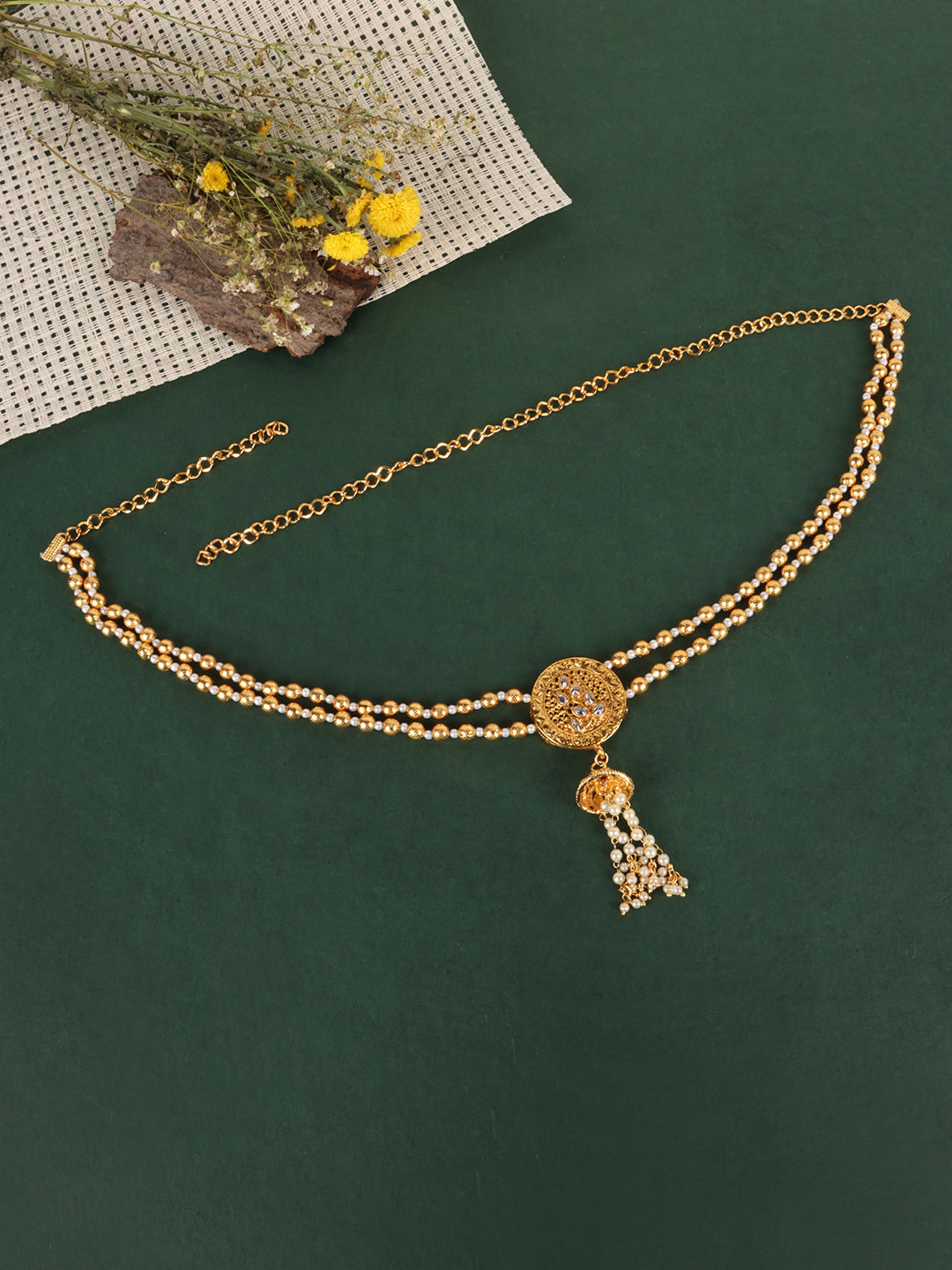 Gold-Plated White CZ-Studded & Beaded Waist Chain