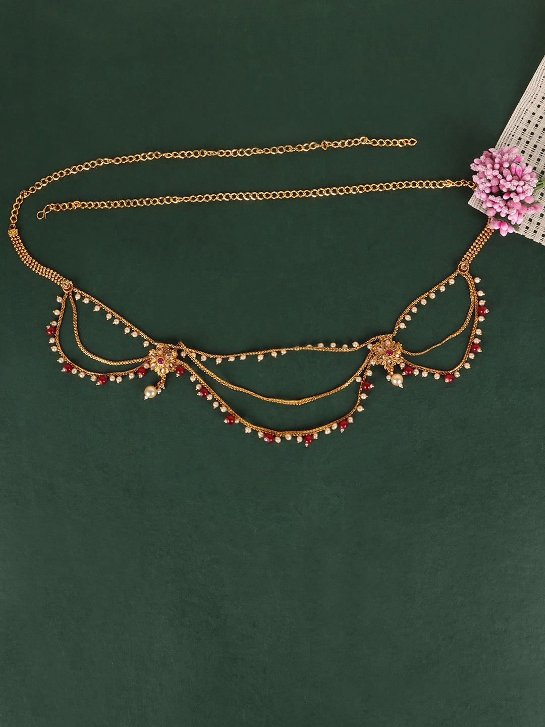 Women Gold Plated Red CZ-Studded & Beaded Kamarband