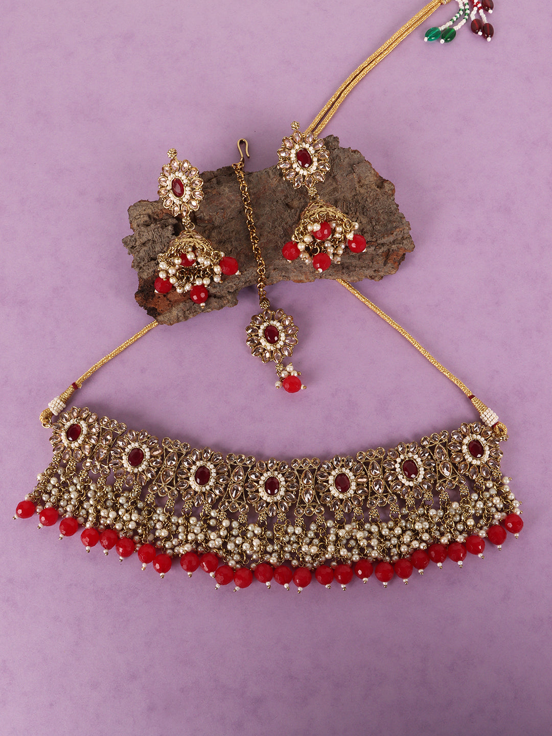 Gold-Plated Red Stone-Studded & Beaded Jewellery Set