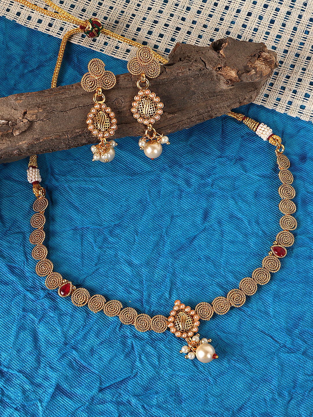Gold-Plated White & Maroon Stone-Studded Jewellery Set
