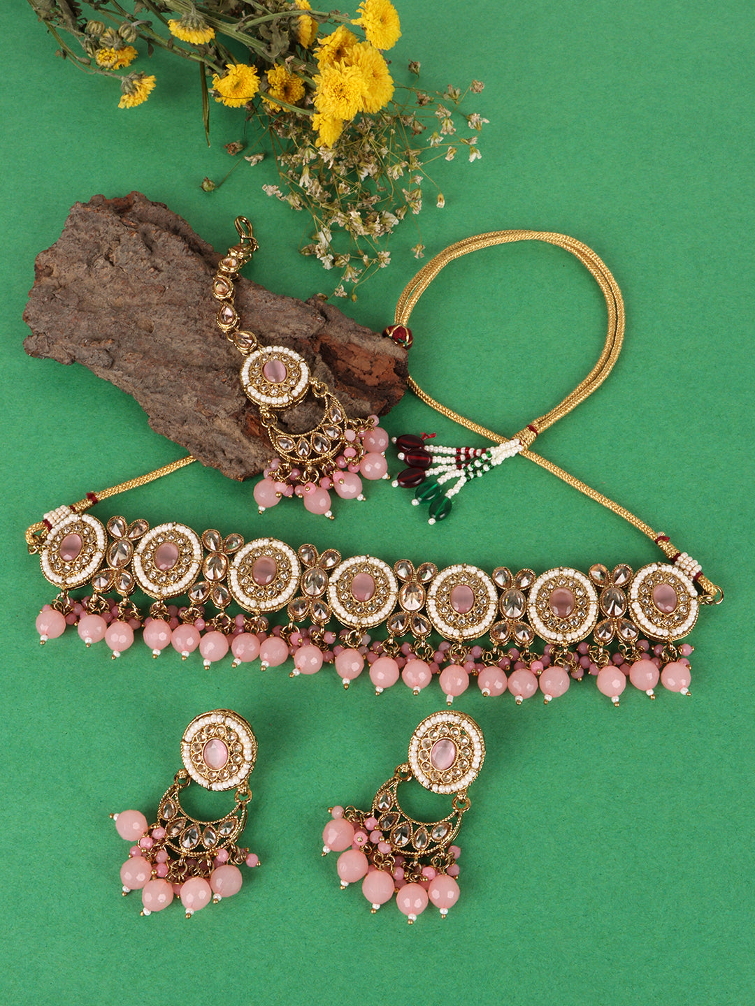 Gold-Plated Pink & White Stone-Studded & Beaded Jewellery Set
