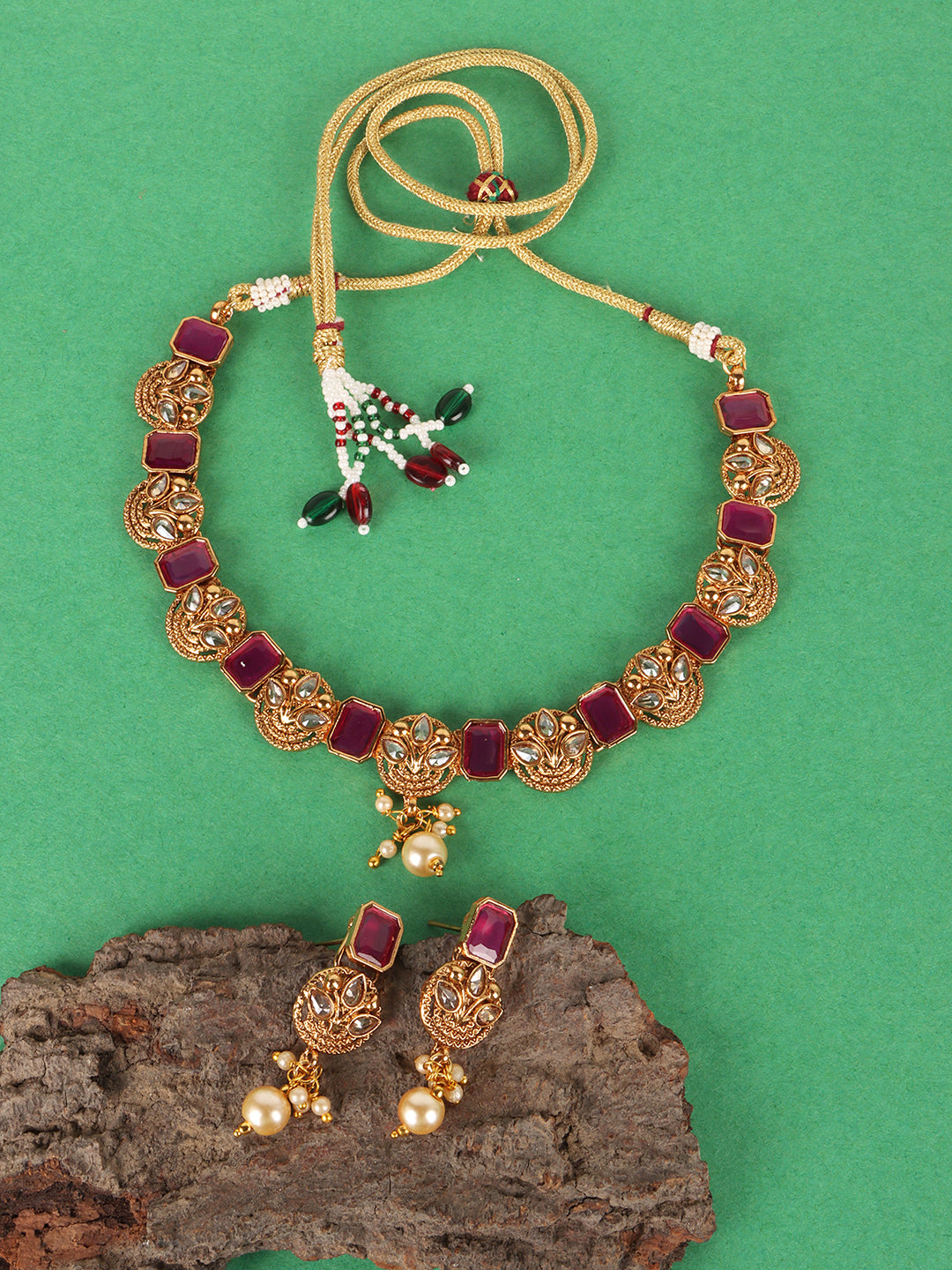 Gold-Plated Magenta Stone-Studded Choker Set