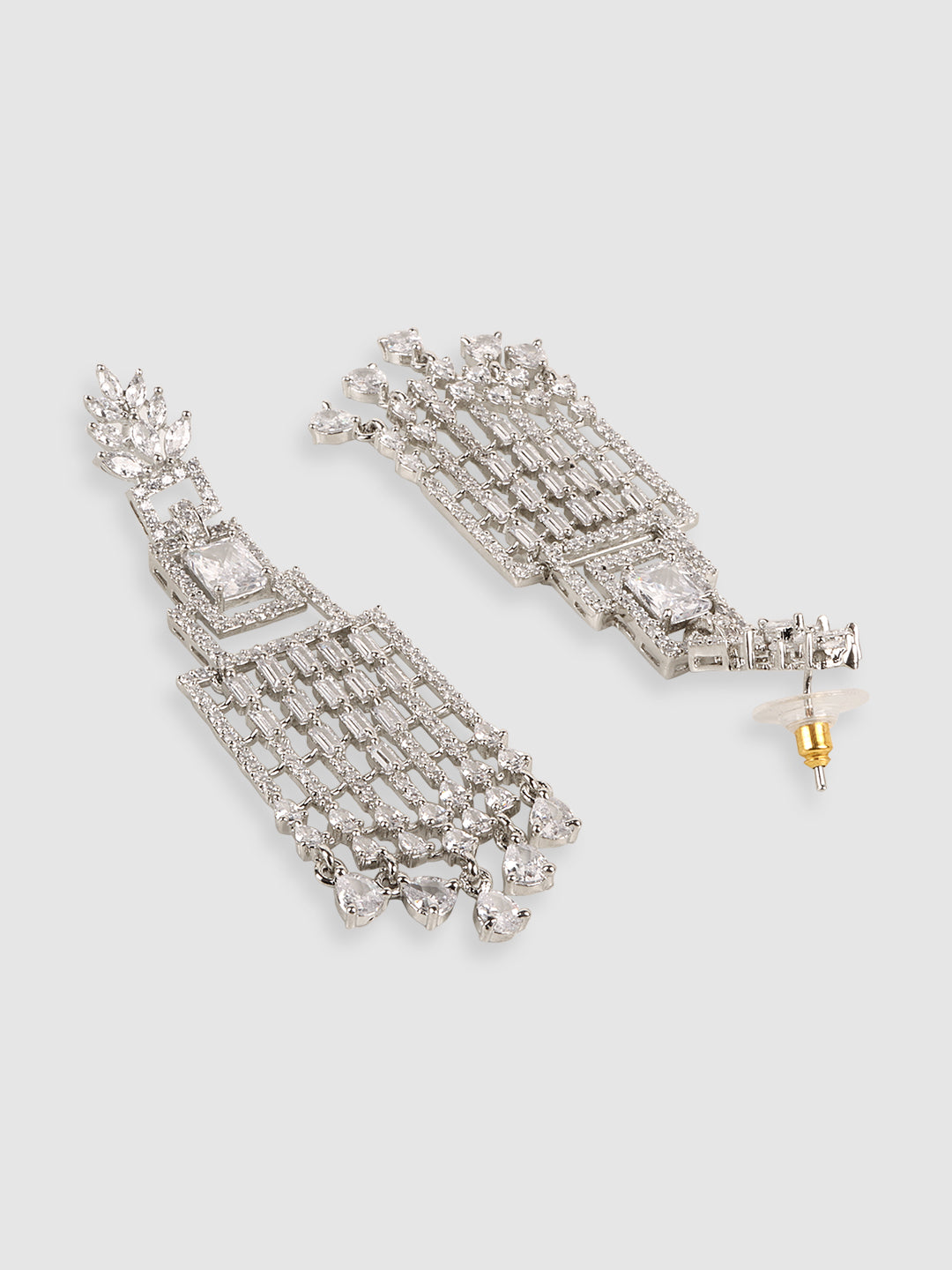 White AD studded Silver Plated Designer Square Drop Earring