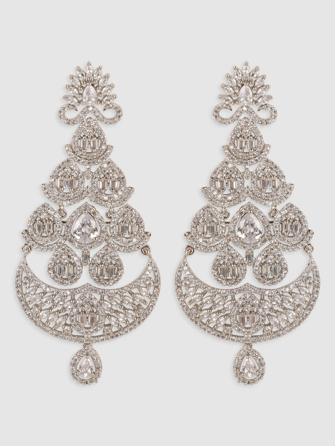 White & Silver-Plated Teardrop Shaped Drop Earrings