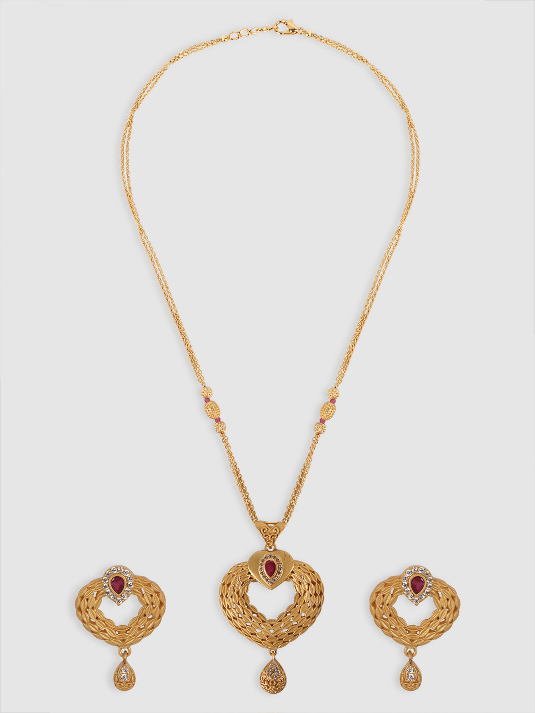 Gold-Plated Pink Stone Studded Heart Shape Jewellery Set