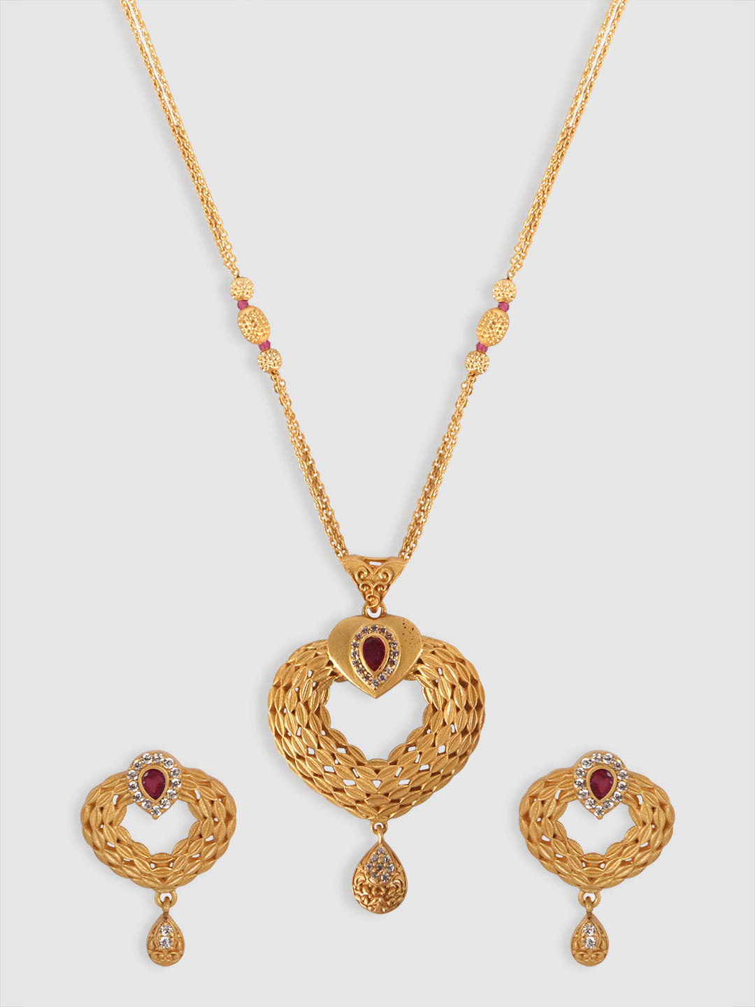 Gold-Plated Pink Stone Studded Heart Shape Jewellery Set