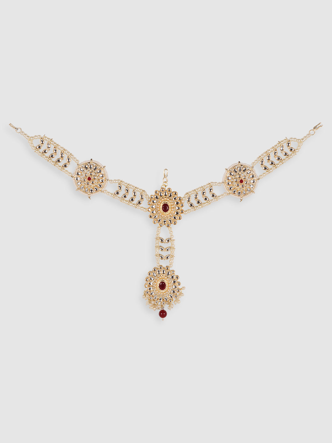 Gold-Plated Maroon & White Kundan-Studded Matha Patti