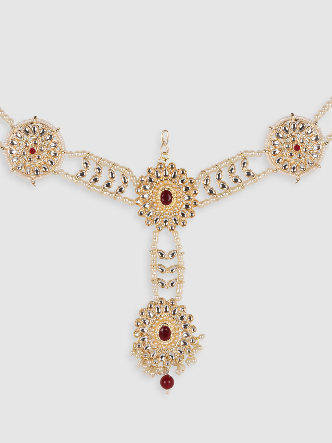 Gold-Plated Maroon & White Kundan-Studded Matha Patti
