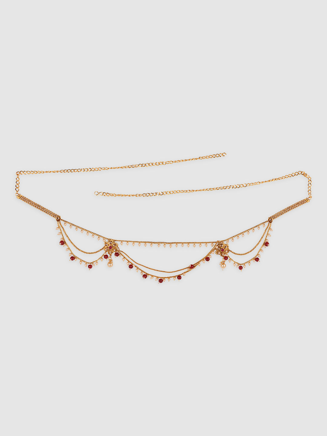Women Gold Plated Red CZ-Studded & Beaded Kamarband