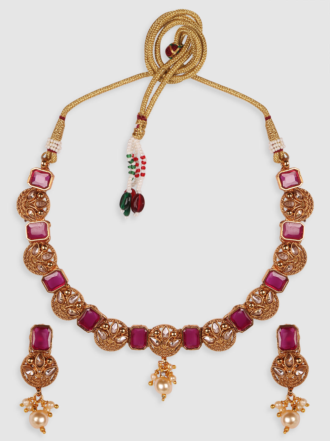 Gold-Plated Magenta Stone-Studded Choker Set