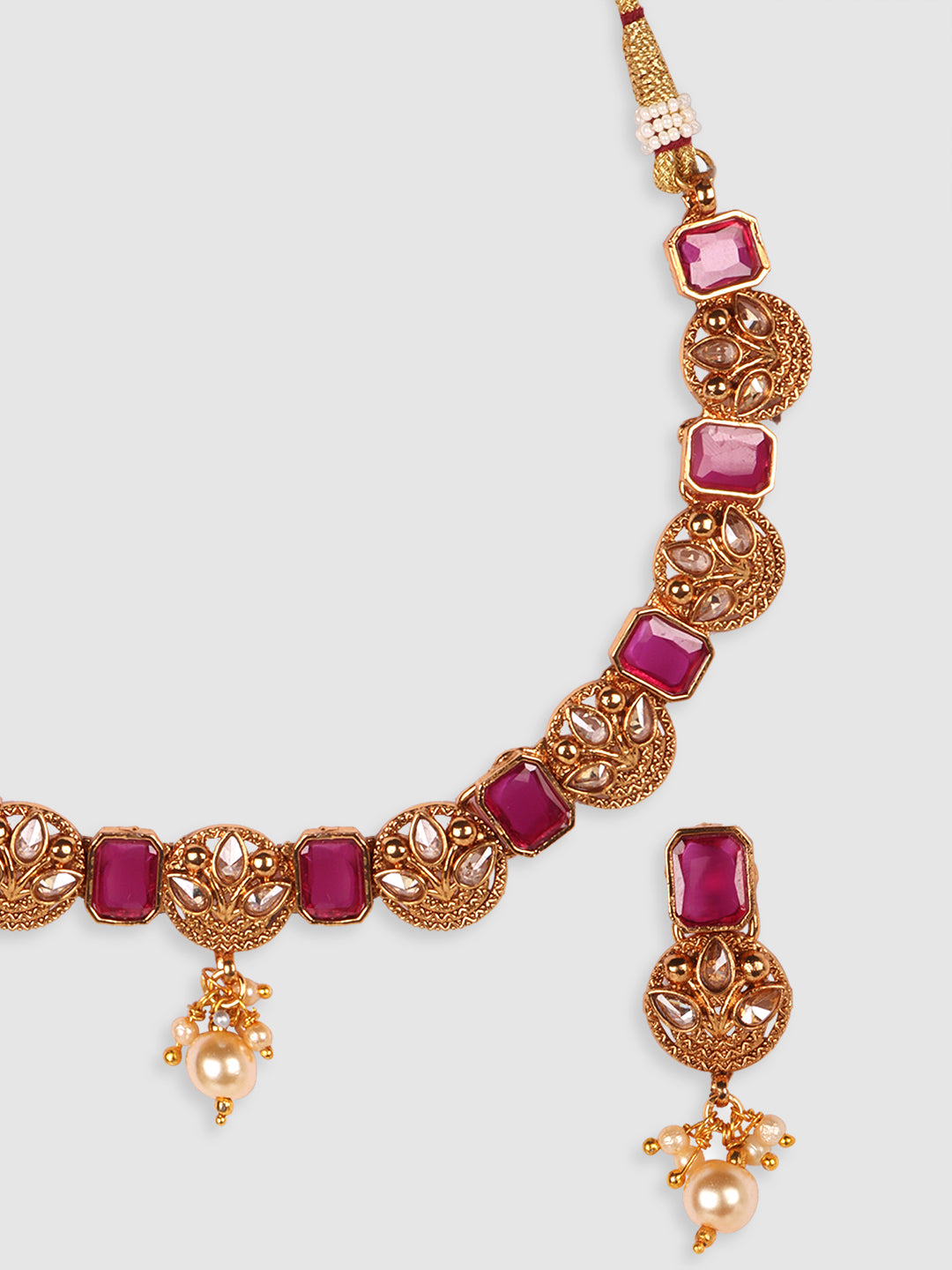 Gold-Plated Magenta Stone-Studded Choker Set