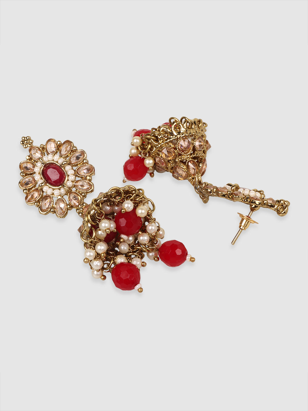 Gold-Plated Red Stone-Studded & Beaded Jewellery Set