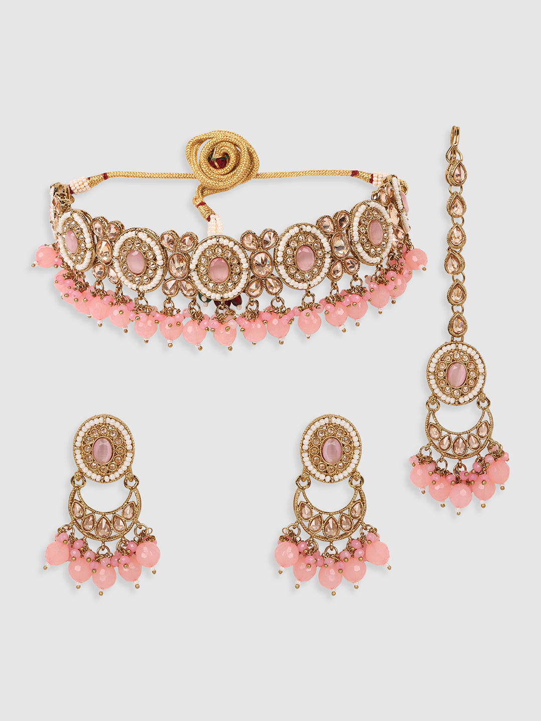 Gold-Plated Pink & White Stone-Studded & Beaded Jewellery Set