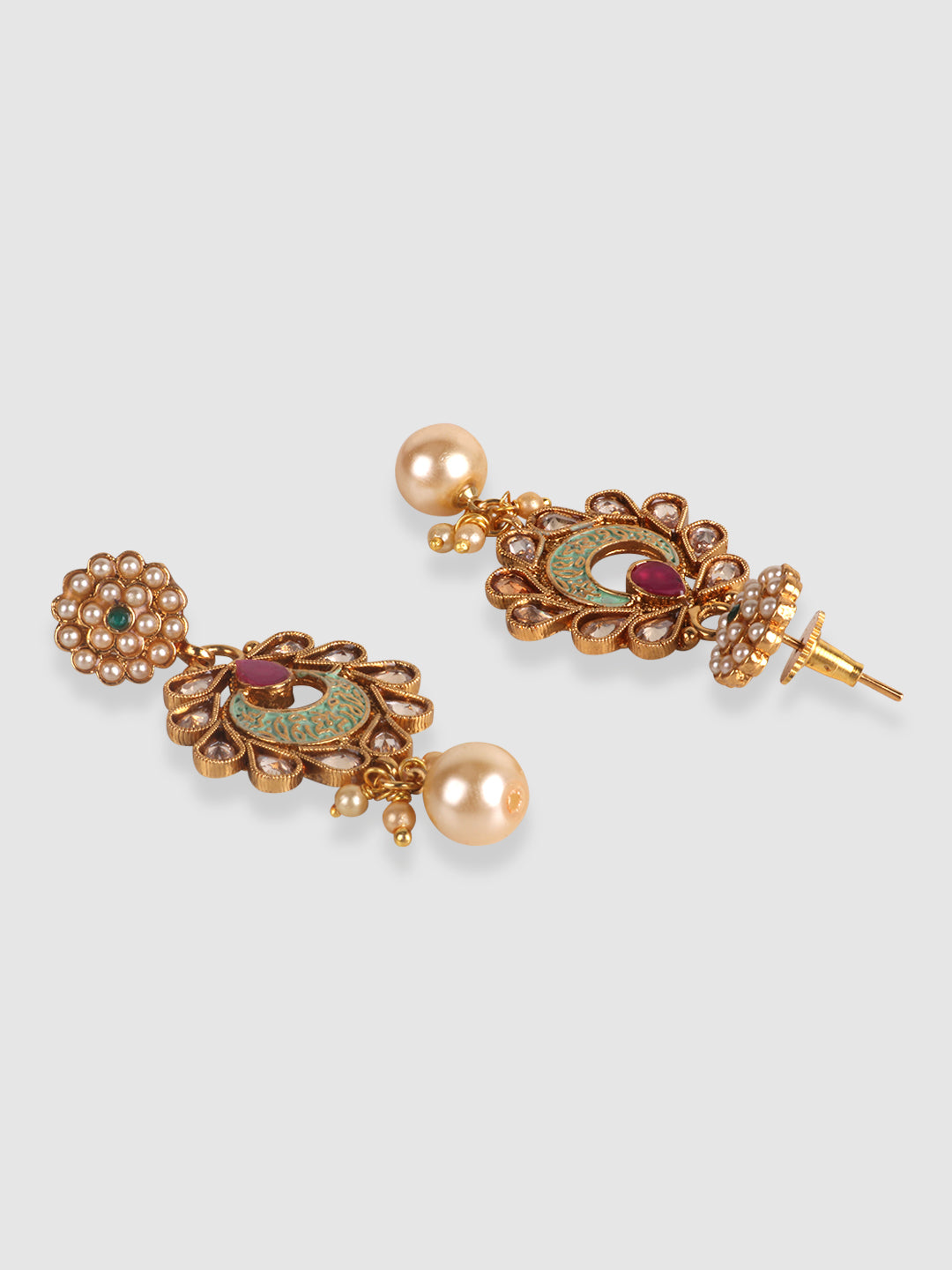 Gold-Plated Pink & Off-White AD-Studded & Beaded Meenakari Jewellery Set