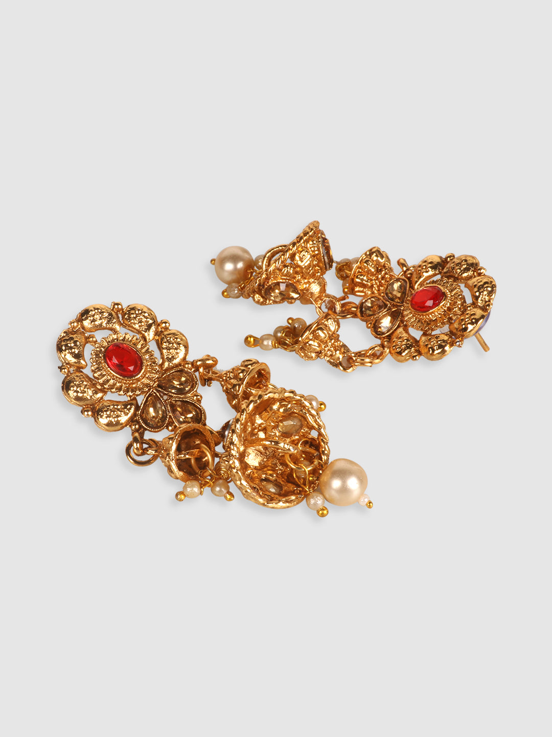 Gold-Plated Red & White Kundan-Studded & Pearl Beaded Vilandi Jewellery Set