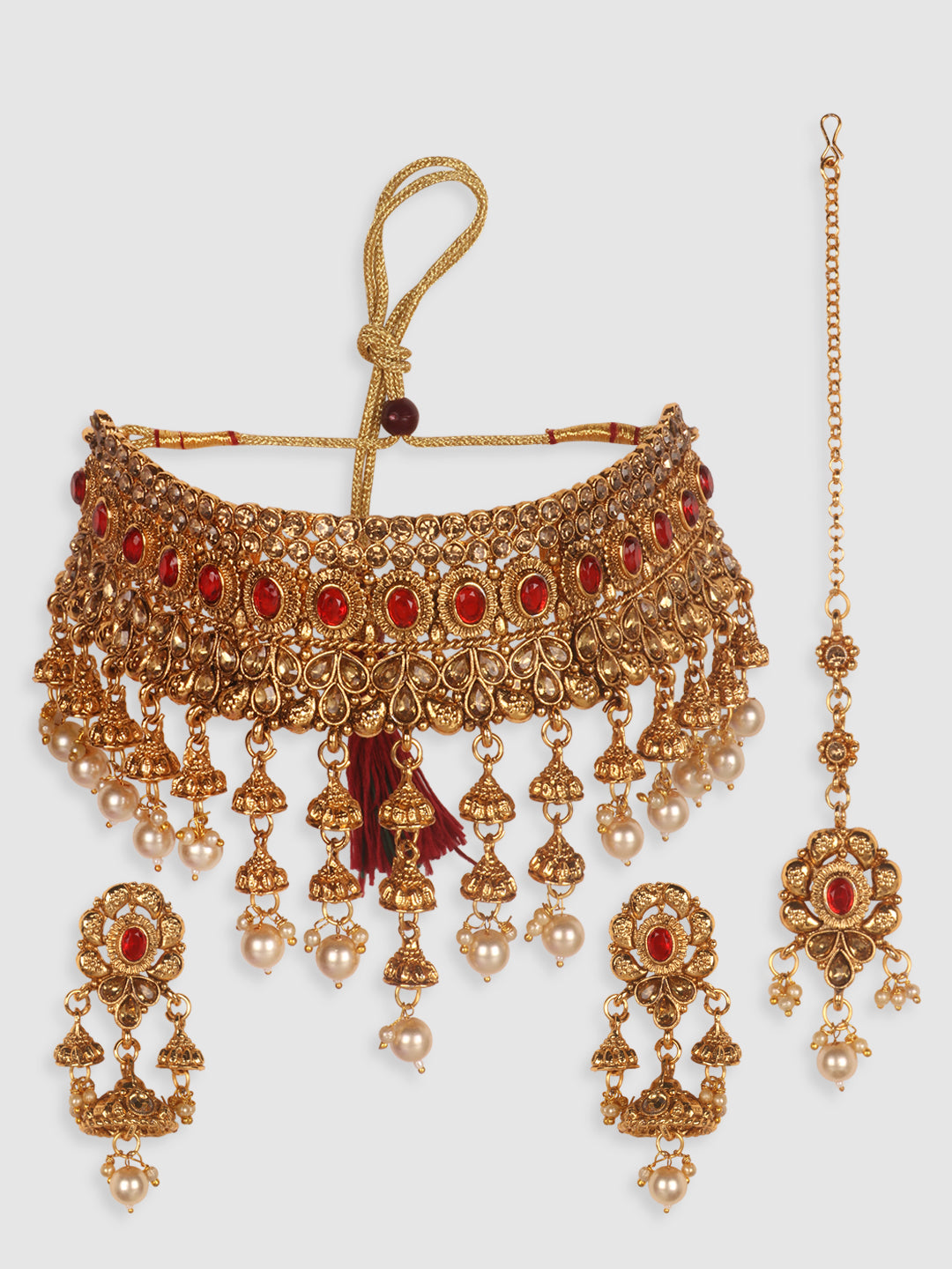 Gold-Plated Red & White Kundan-Studded & Pearl Beaded Vilandi Jewellery Set
