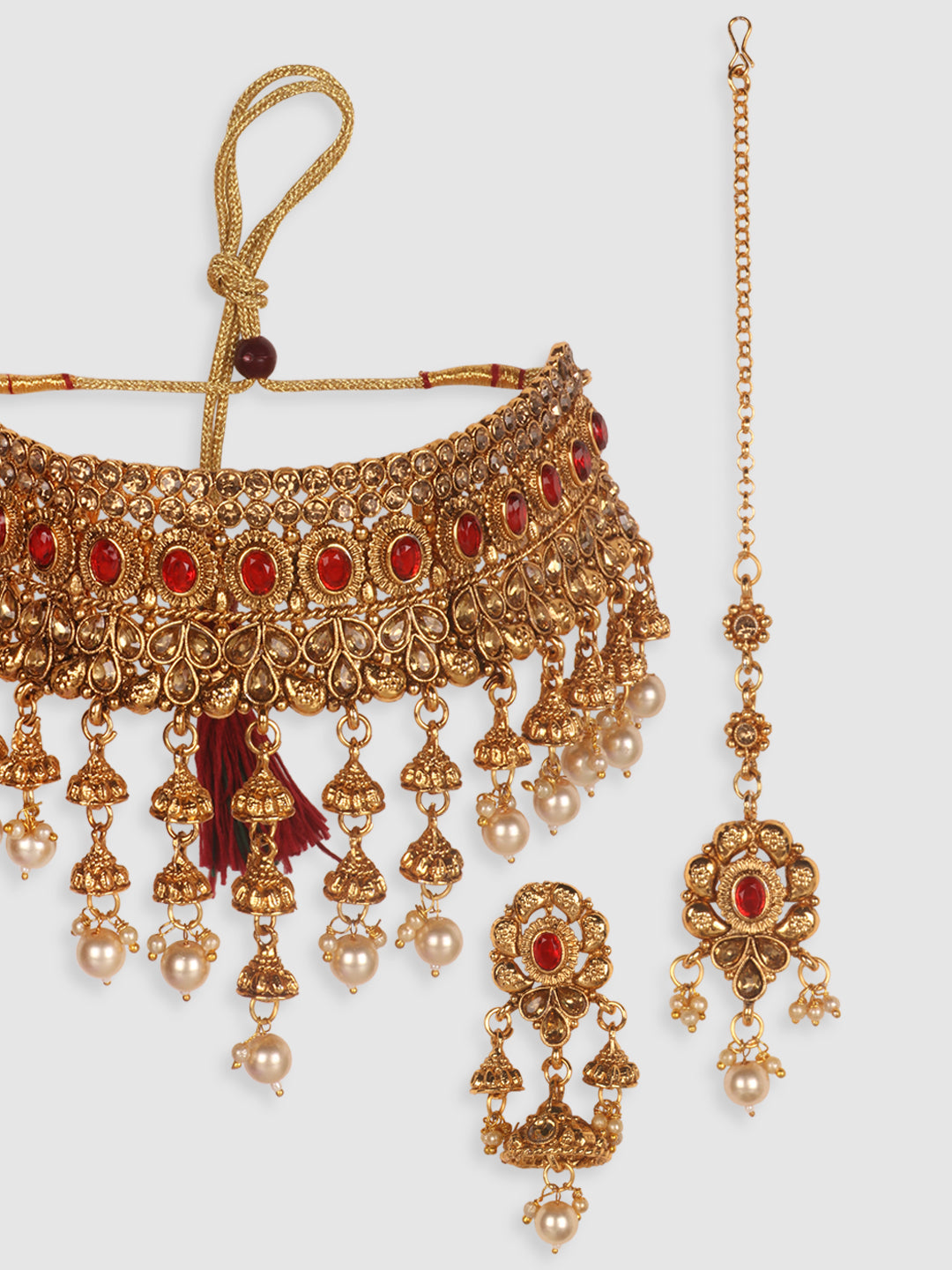 Gold-Plated Red & White Kundan-Studded & Pearl Beaded Vilandi Jewellery Set