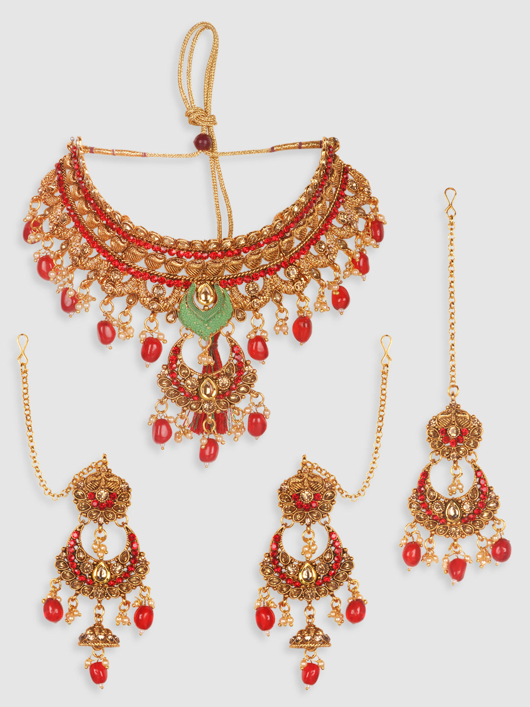 Gold-Toned & Red Stone-Studded Jewellery Set