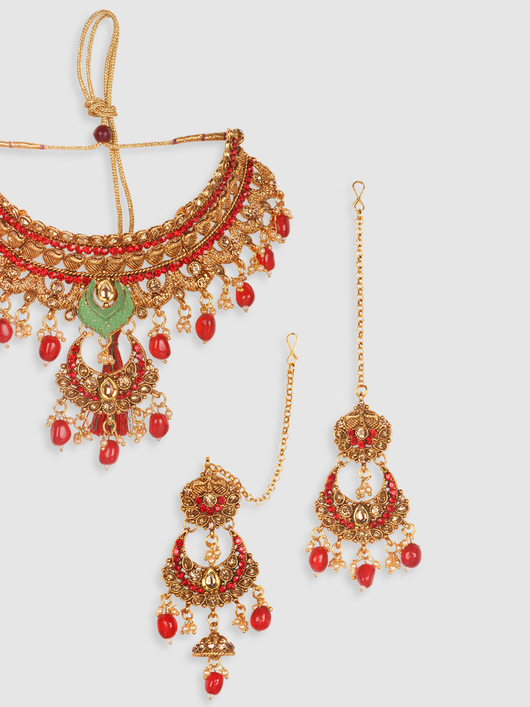 Gold-Toned & Red Stone-Studded Jewellery Set