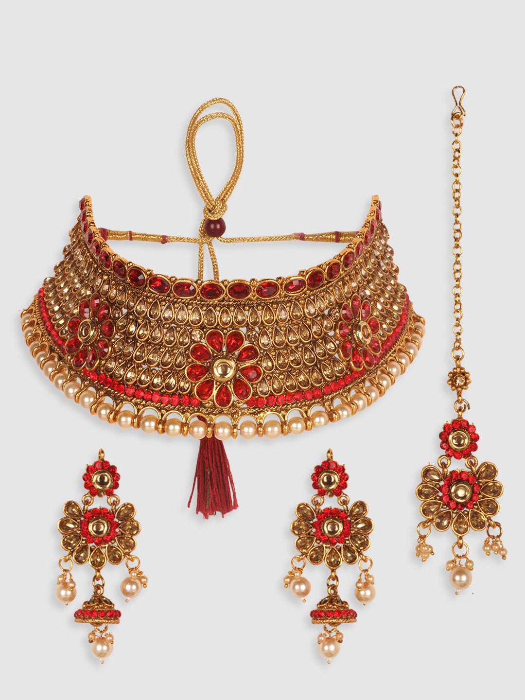 Gold-Plated Beige & Red Kundan-Studded & Beaded Jewellery Set